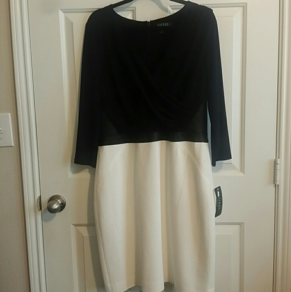 Ralph Lauren Black/White Dress w/ Leather Trim Sz 14 NWOT